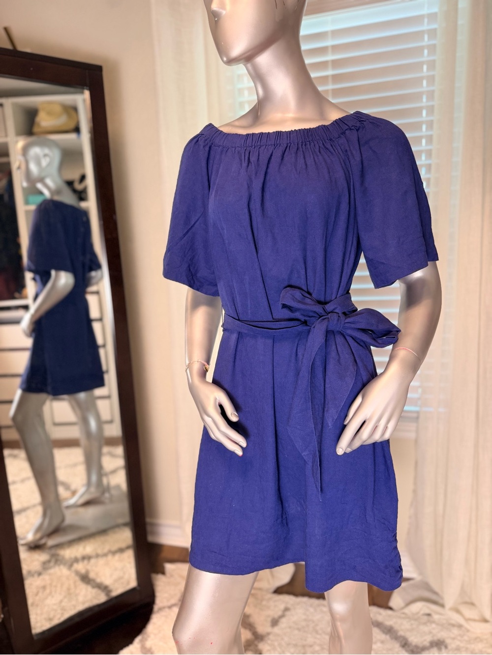 Banana Republic Linen Blend Mini Dress Medium Blue Off Shoulder Tie Waist Boho